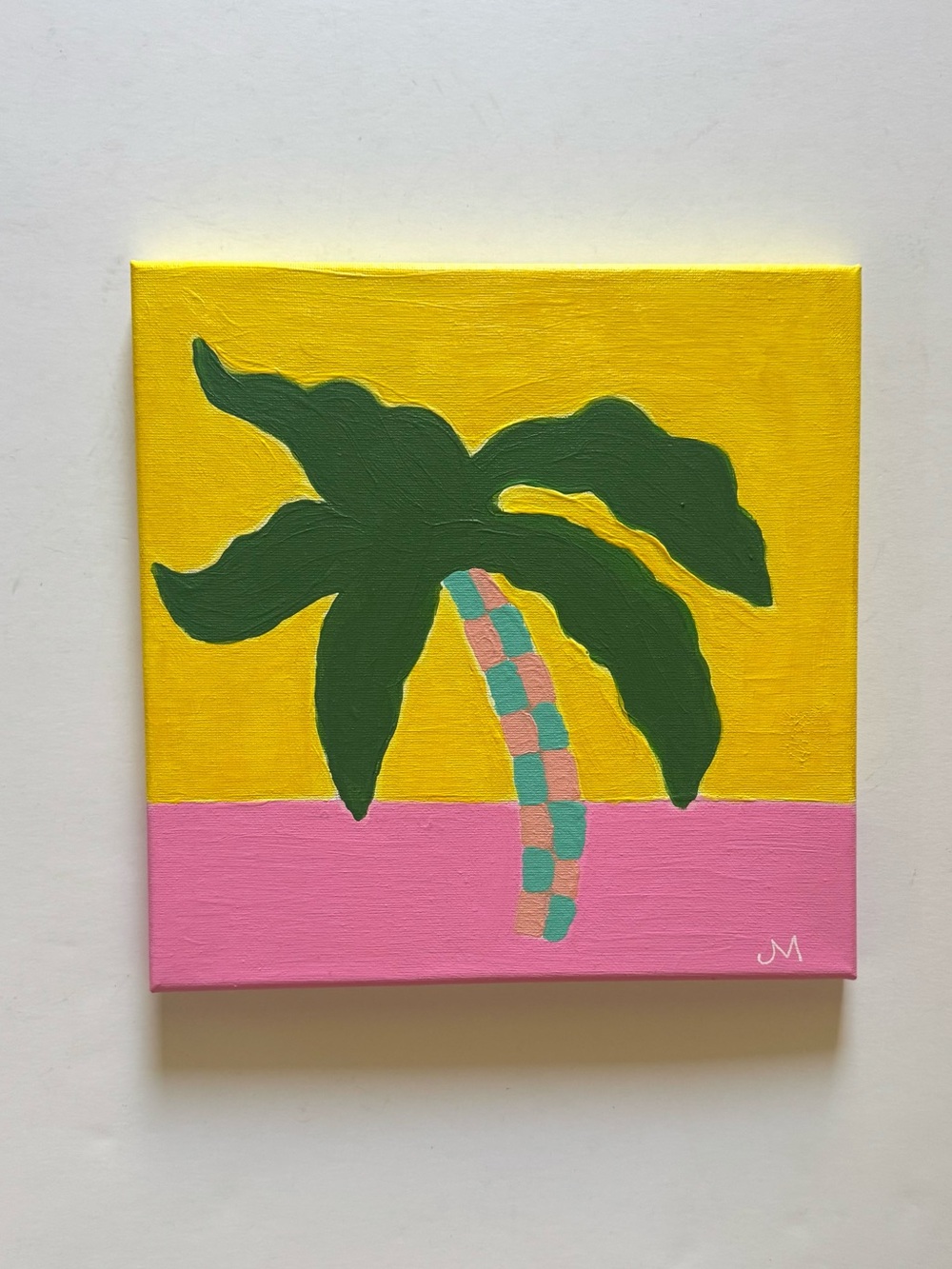 Palm Tree Painting in Yellow, Pink & Green